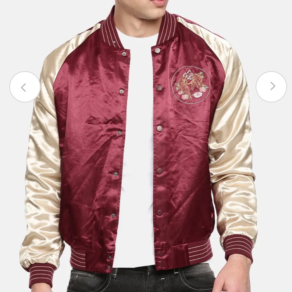 Old F21 Burgundy and Gold Satin Bomber Jacket